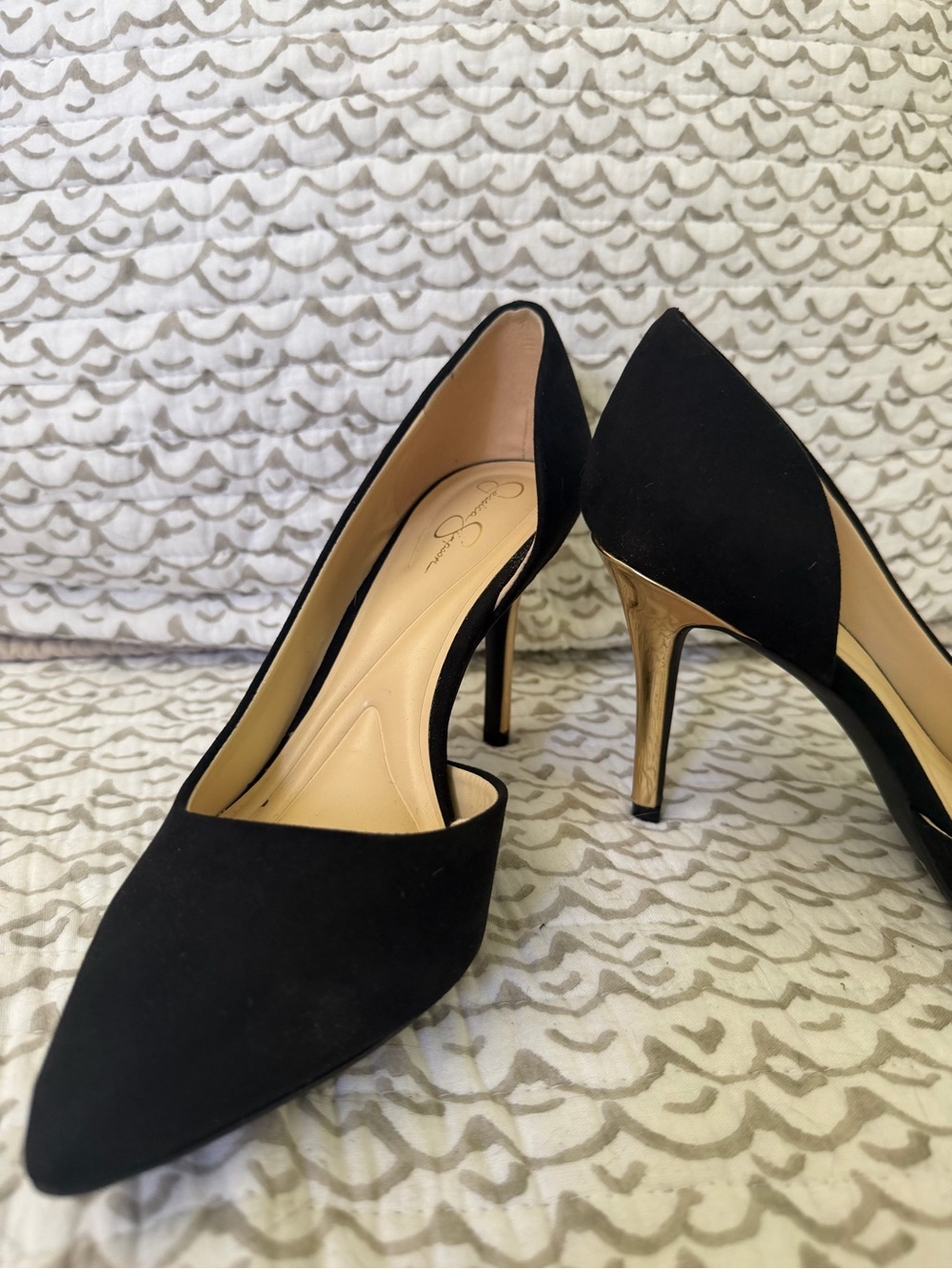 Size 8. Jessica Simpson Black Pointed Toe Heels with Gold Stiletto